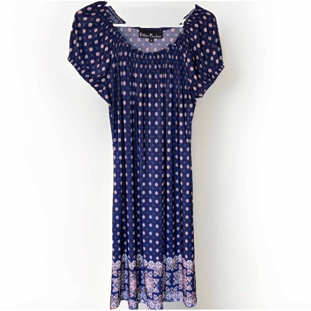 Bohemian Wide Neck Cap Sleeve Navy Blue Dress Women's Size Small